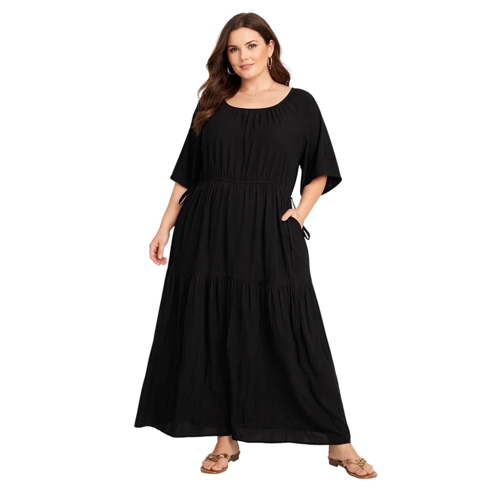 Bohme Black Tiered Midi Dress XL Short Sleeve Drawstring Waist DR2614-BO